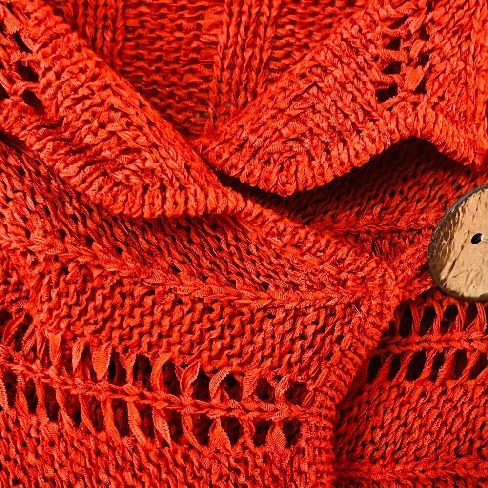 Etoile Burnt Orange Open Knit One Button 3/4 Sleeve Cardigan Sweater - Picture 4 of 9